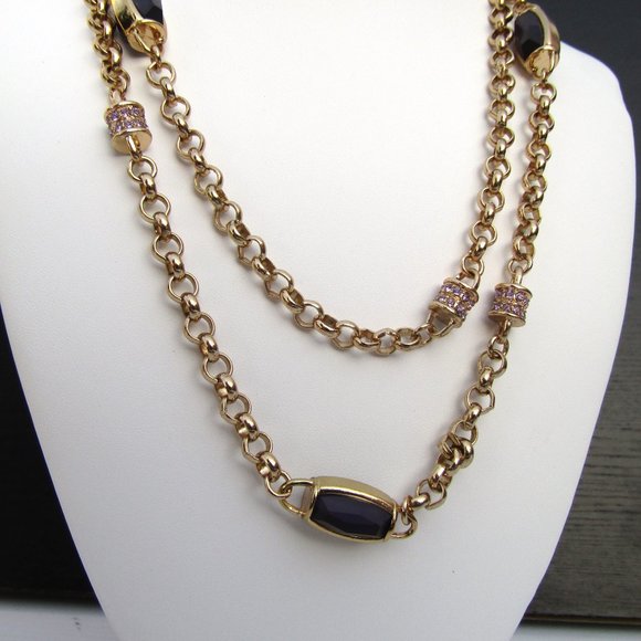Coldwater Creek Necklace with Amethyst Glass Rhinestones Statement 40" - Picture 2 of 6